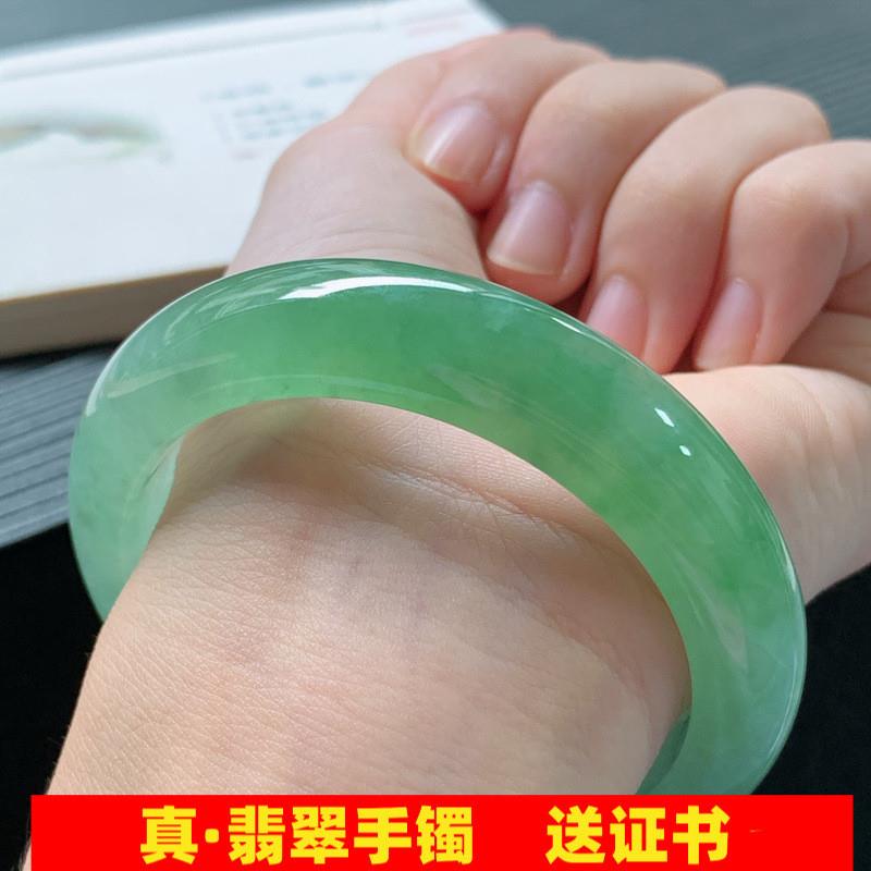 翡翠手镯玉镯缅甸冰糯种正圈飘花阳绿浅绿圆条贵妃女款玉镯子处理