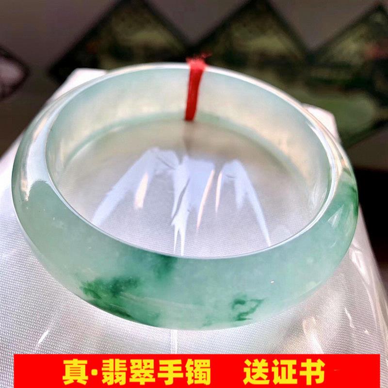 缅甸翡翠冰种飘花翡翠手镯圆条缅甸飘蓝花正圈玉镯子吊坠女款处理