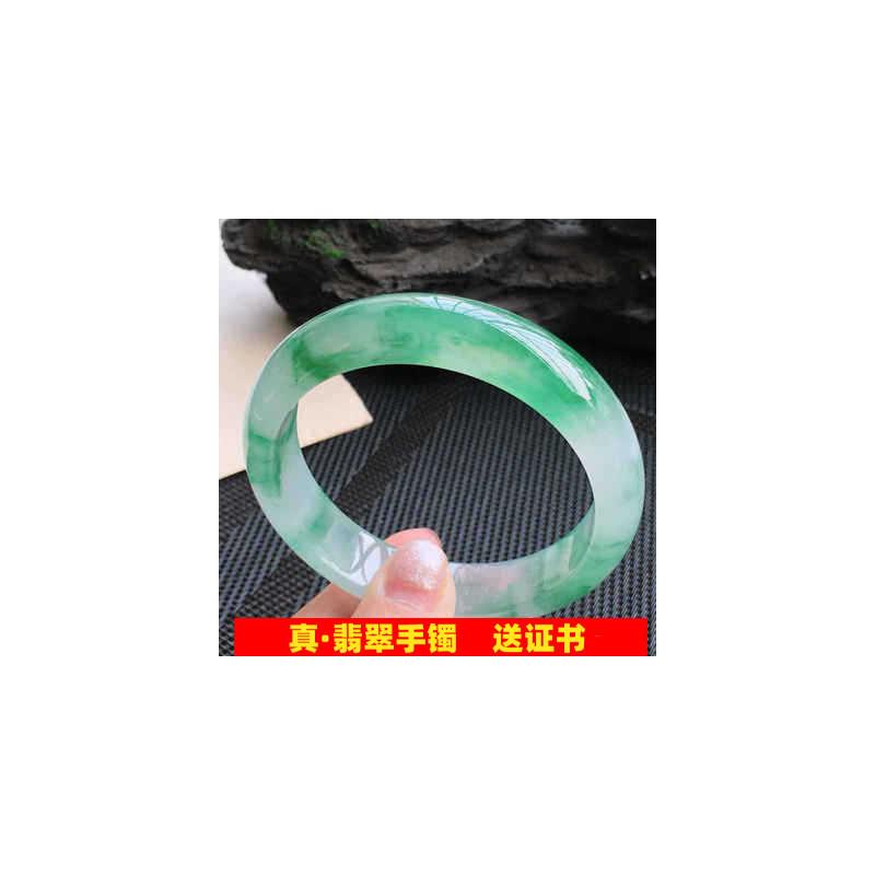 缅甸翡翠手镯阳绿飘绿花女款淡绿翡翠色冰糯种翡翠镯子宽版处理