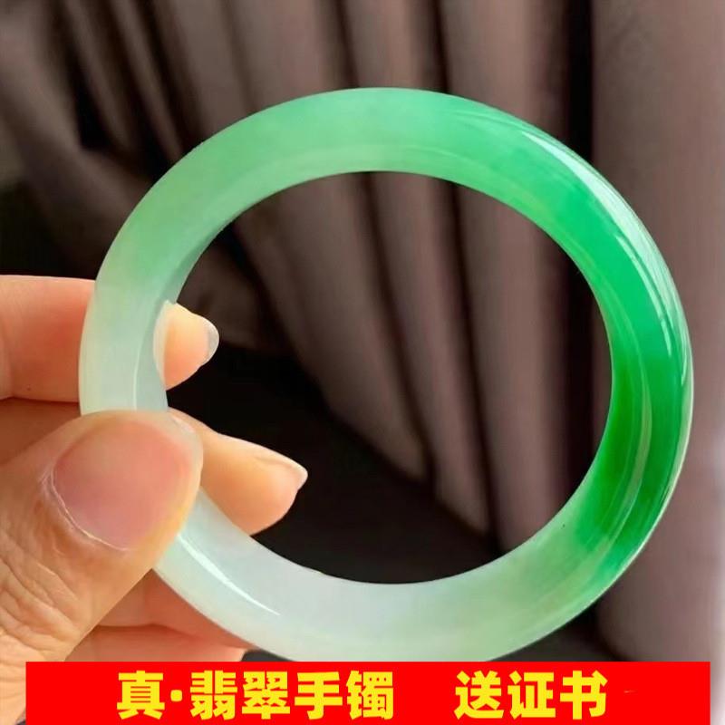 冰糯种飘花翡翠手镯圆条正圈翡翠玉手镯女款油青贵妃镯处理