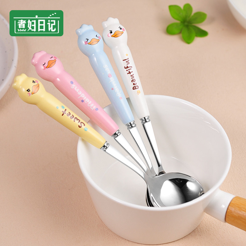 速发高颜吃勺子家用不锈钢叉子可爱儿心餐具特别好看的少童值饭叉
