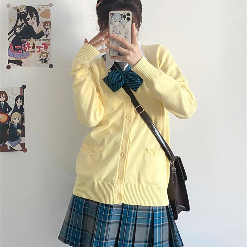 速发小黄鸡毛衣JK开衫学院校宽松风供感外套V领长袖外搭针织衫