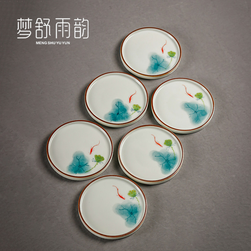 速发纯手绘荷鱼圆杯垫釉家彩茶杯套杯垫隔具垫功夫茶热零配件下用