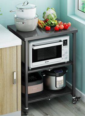 可折叠黑色厨房置物架厨房收纳架落地多层微波炉蔬菜不锈钢置物架