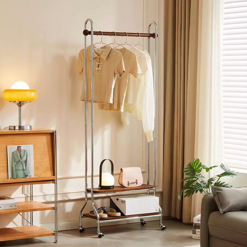 现代简约不锈钢衣架家用落地多功能挂衣架卧室收纳架可移动衣帽架