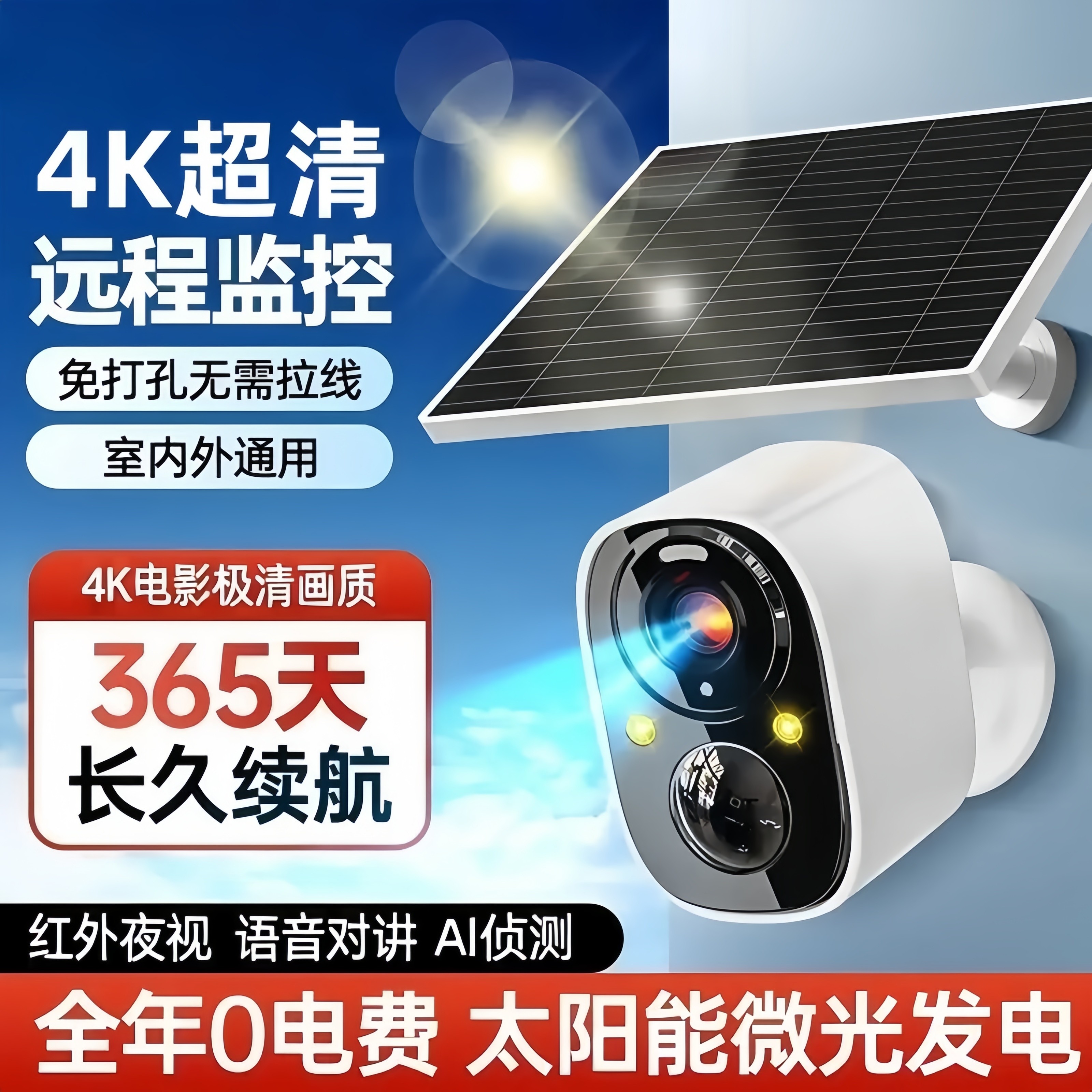 免插电摄像头免布线太阳能监控电池室外免打孔磁吸超广角远程家用
