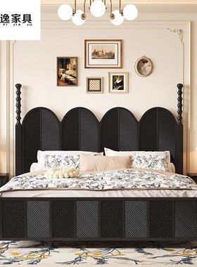 黑色轻奢美式双人床1.8米储物高箱1.5m雕花中古风法式复古实木床