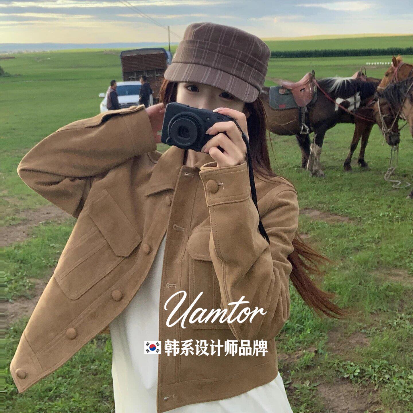 韩系Uamtor老钱风单排扣麂皮绒夹克短外套女26秋季小翻领气质显瘦