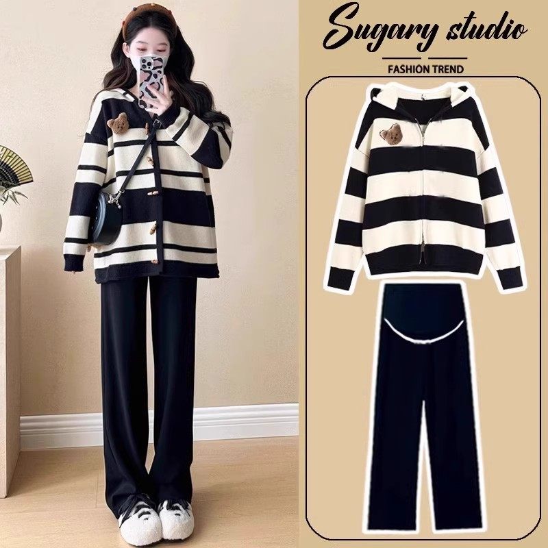 英国DHWA 孕妇套装秋冬新款条纹小熊长袖毛衣外套宽松托腹休闲裤
