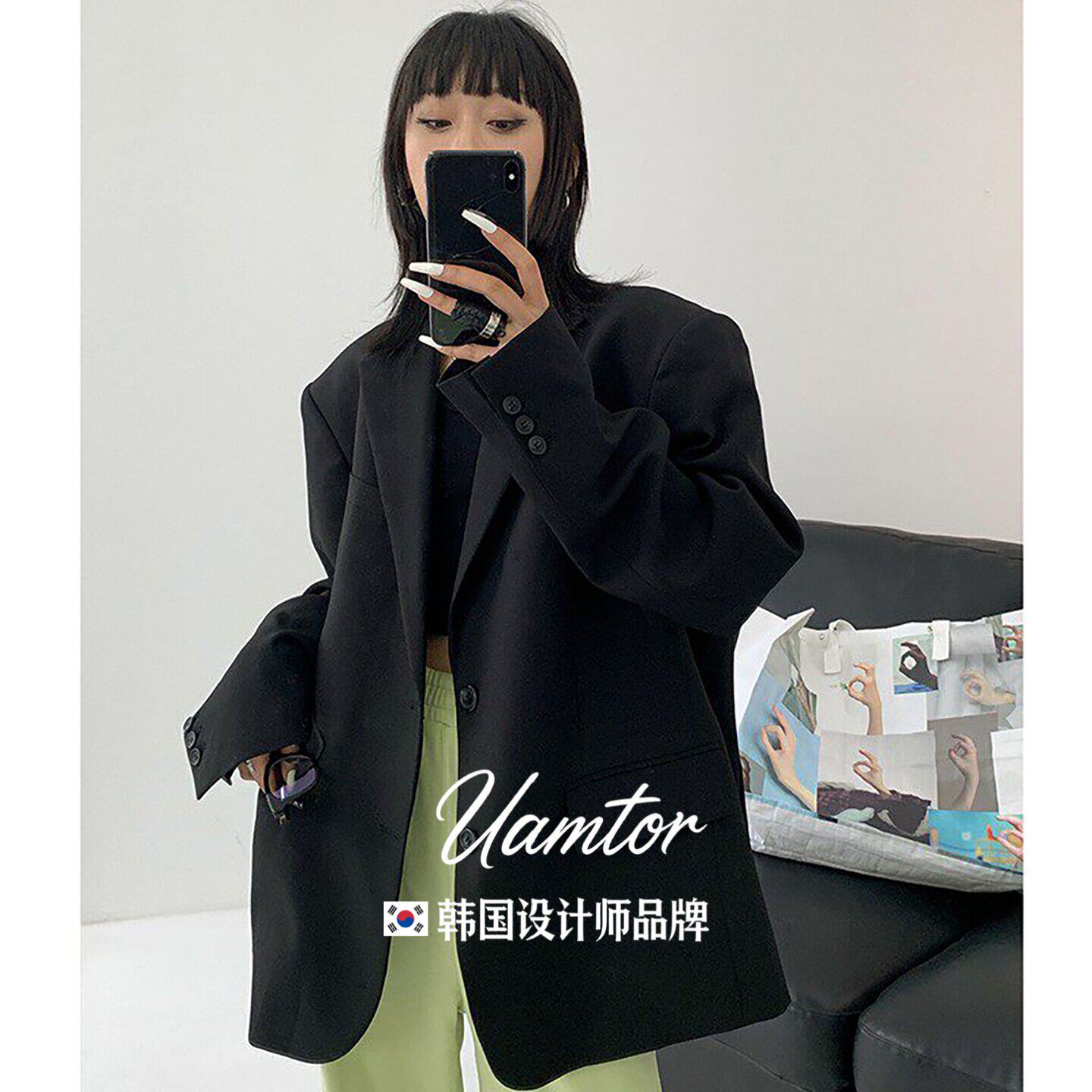 韩国Uamtor黑色小西装外套女2026早秋新款oversize休闲高级感西服