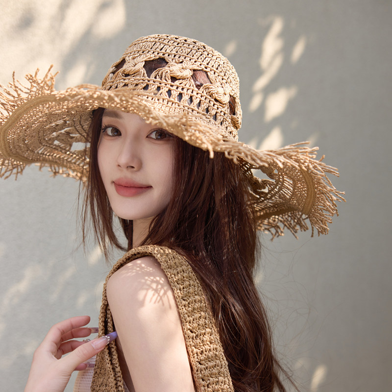 Ander Jurnal拉菲草镂空草编帽子女夏季海边度假防晒大帽檐可折叠