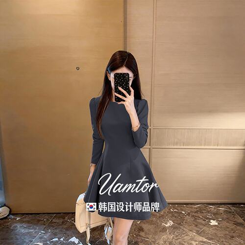 韩国Uamtor法式长袖连衣裙女早秋高级感赫本风礼服收腰显瘦短裙子