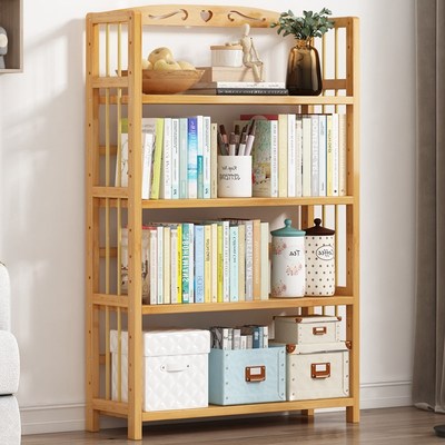 楠竹书架简易多层儿童储物收纳架厨房置物L架学生客厅实木书柜落