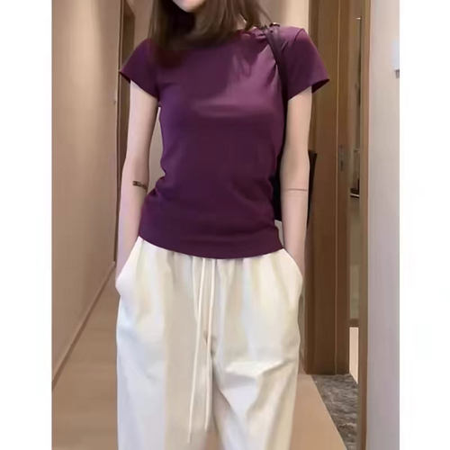 深紫色短袖T恤女夏正肩圆领修身洋气基础款纯色百搭显身材上衣潮