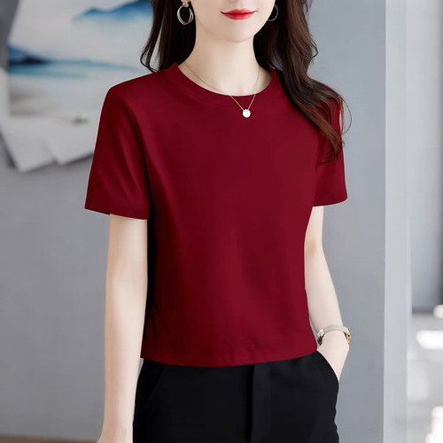 纯棉安可拉红色短袖t恤女2026短款夏季休闲宽松减龄显瘦圆领上衣