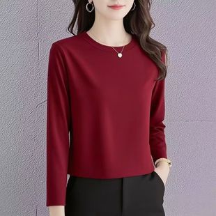 短款长袖t恤女正肩秋冬显瘦韩版洋气休闲百搭纯棉安可拉红上衣女