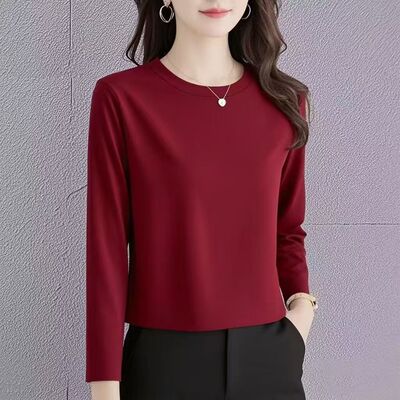 短款长袖t恤女正肩秋冬显瘦韩版洋气休闲百搭纯棉安可拉红上衣女