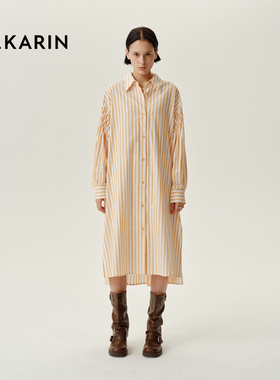 【春日多巴胺】PHKARIN竖条纹连衣裙女春装新款简约翻领休闲长裙
