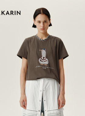 【春日多巴胺】PHKARIN咖色圆领印花短袖T恤女2025春新款通勤上衣