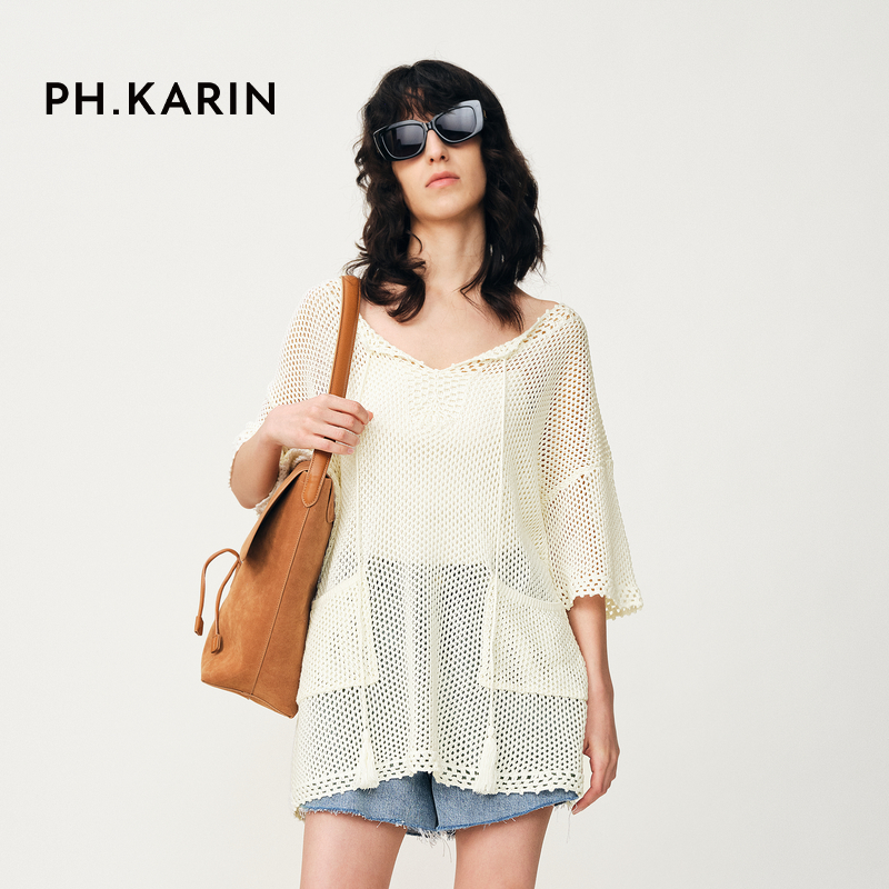 PH KARIN时髦设计感混纺镂空V领薄款针织衫女夏套头罩衫