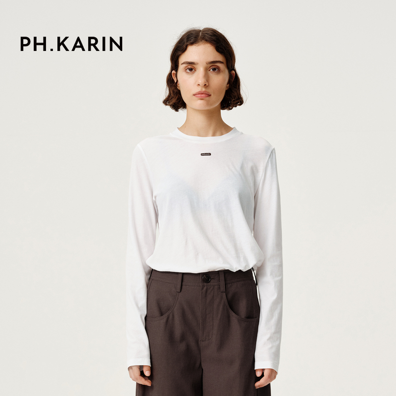 【慢人叙事】PH KARIN全棉圆领白色长袖T恤女25秋通勤内搭上衣