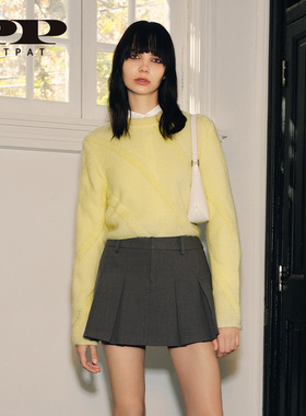 PH Karin复古设计感马海毛混纺针织毛衣淡黄色女2024春装新款上衣