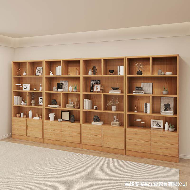 北欧实木书架带抽屉置物架落地家用客厅墙边展示架一体靠墙储物柜