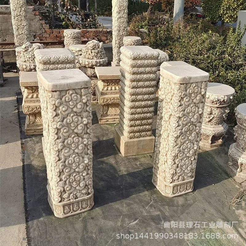 厂家供应石雕祥云柱汉白玉做旧石柱大理石仿古柱子玄关云柱摆件图片