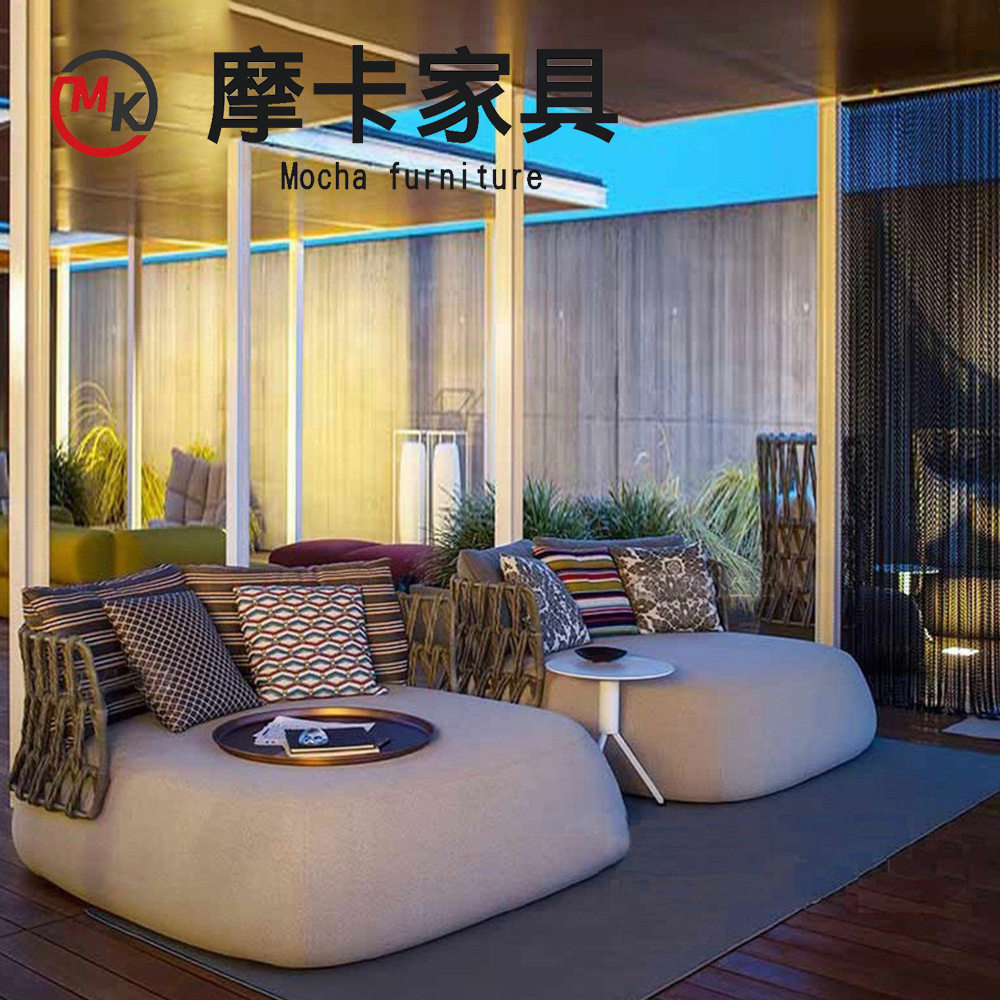 户外沙发客厅庭院北欧名宿室外休闲茶几组合高端防水布艺藤编沙发