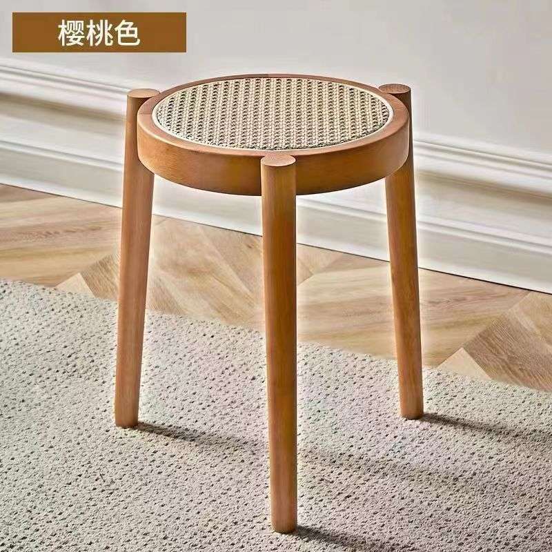 北欧实木藤编圆凳可叠放木凳子板凳复古凳子换鞋梳妆小北欧风餐椅
