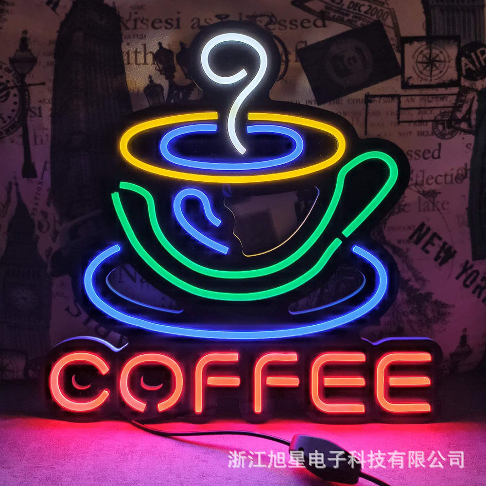 发光室内装饰灯悬挂COFFEE咖啡杯吊牌LED小夜灯混色创意灯饰