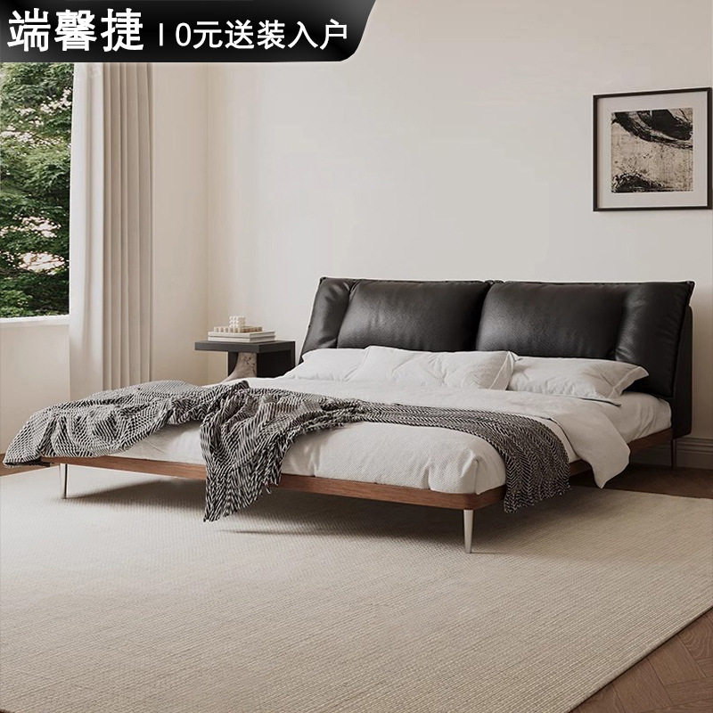 意式极简实木真皮床主卧头层牛皮复古双人床白蜡木中古风婚床家具