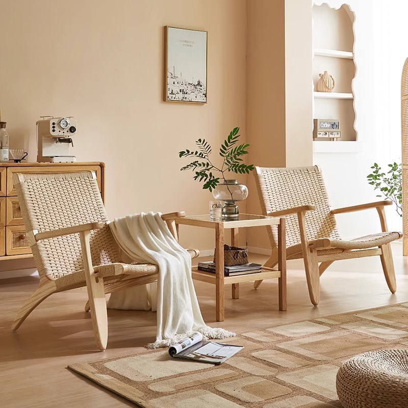 侘界马鞍椅实木复古单人沙发民宿酒店中古绳编折叠椅子靠背椅藤椅