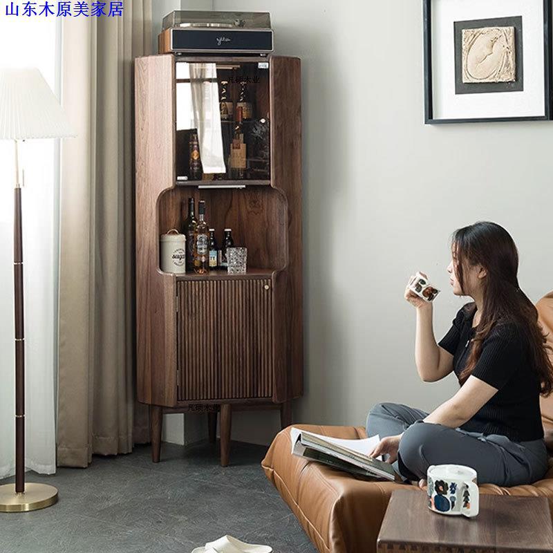 北欧实木黑胡桃木三角柜简约日式边柜客厅转角柜原木樱桃木餐边柜