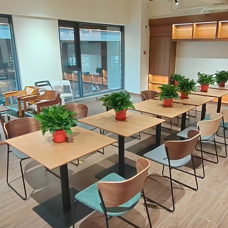 美式双人餐桌椅组合水磨石圆桌子弯曲木桌椅食堂员工餐厅实木桌椅