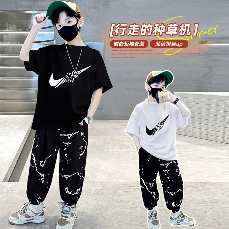 官网耐克顿2026新款儿童运动服套装男童夏季短袖防蚊裤子两件套