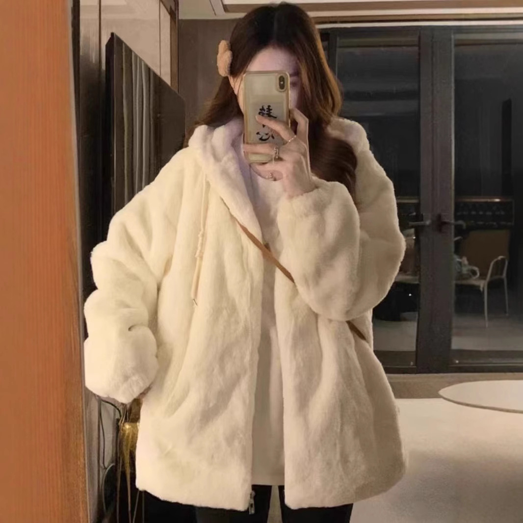 仿羊羔毛连帽棉服外套女冬季2025新款时尚加绒加厚宽松慵懒上衣潮