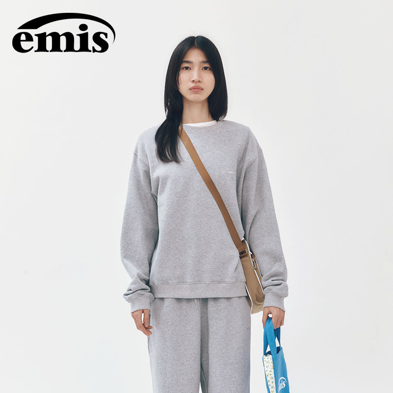 emis圆领卫衣女运动衫男灰色韩系慵懒风宽松设计感纯棉无帽上衣