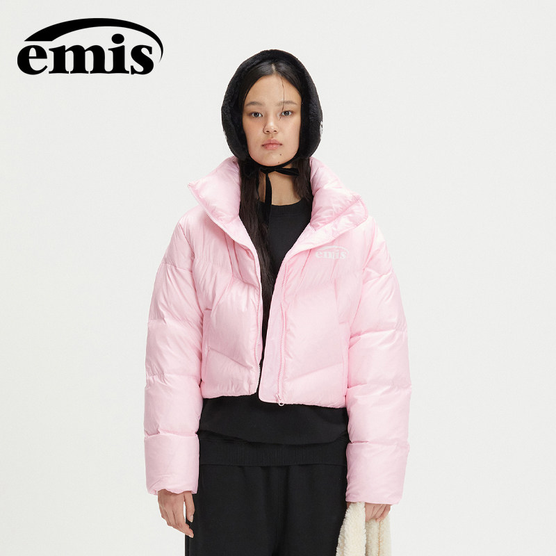 emis羽绒服女短款冬季鸭绒粉色小个子立领面包服保暖防寒外套新款