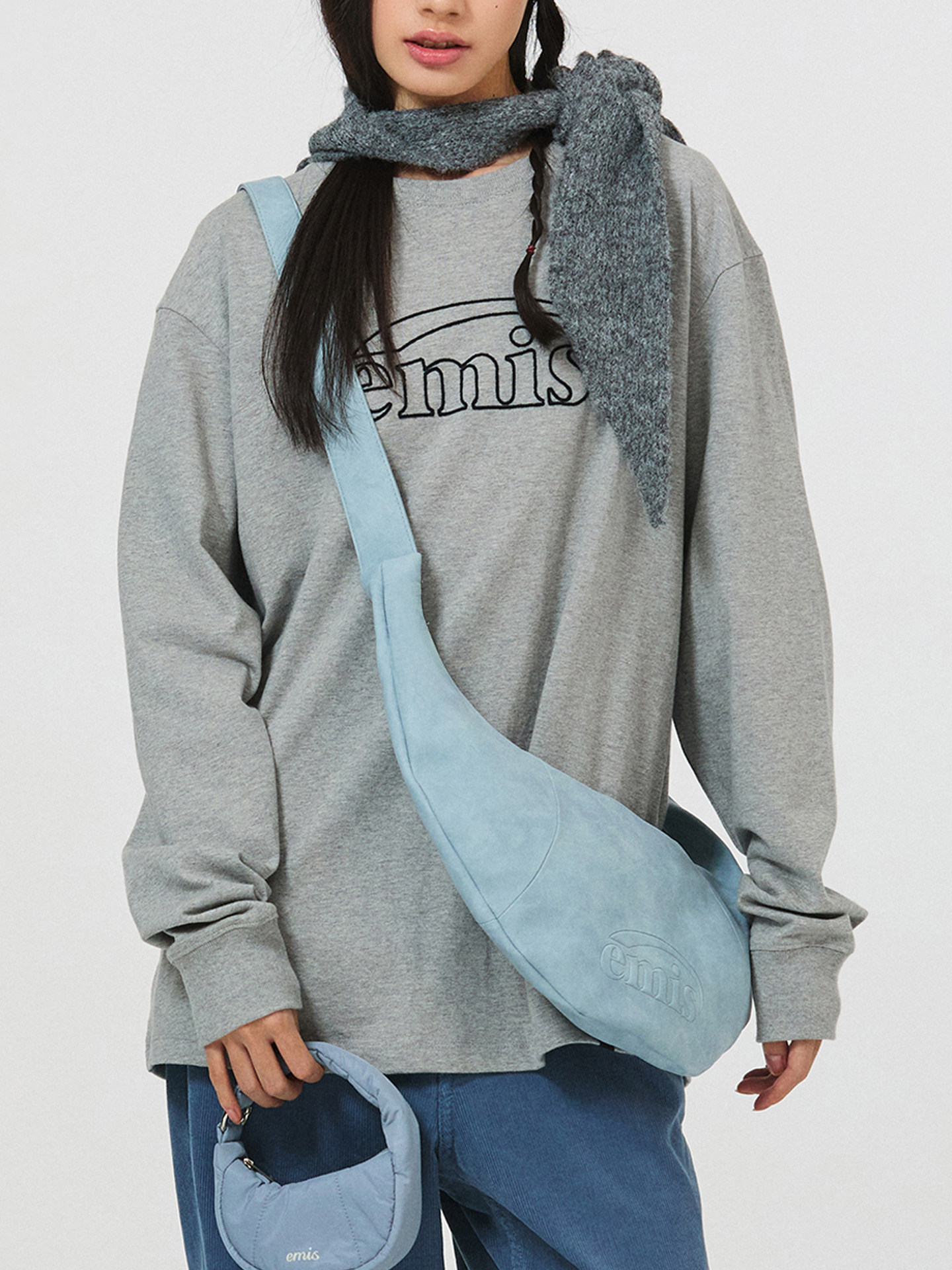 Emis Women's Embossed Logo Half-Moon Bag - Light Blue Handbag, Shoulder Bag, Niche Luxury Underarm Bag - Thumbnail 4