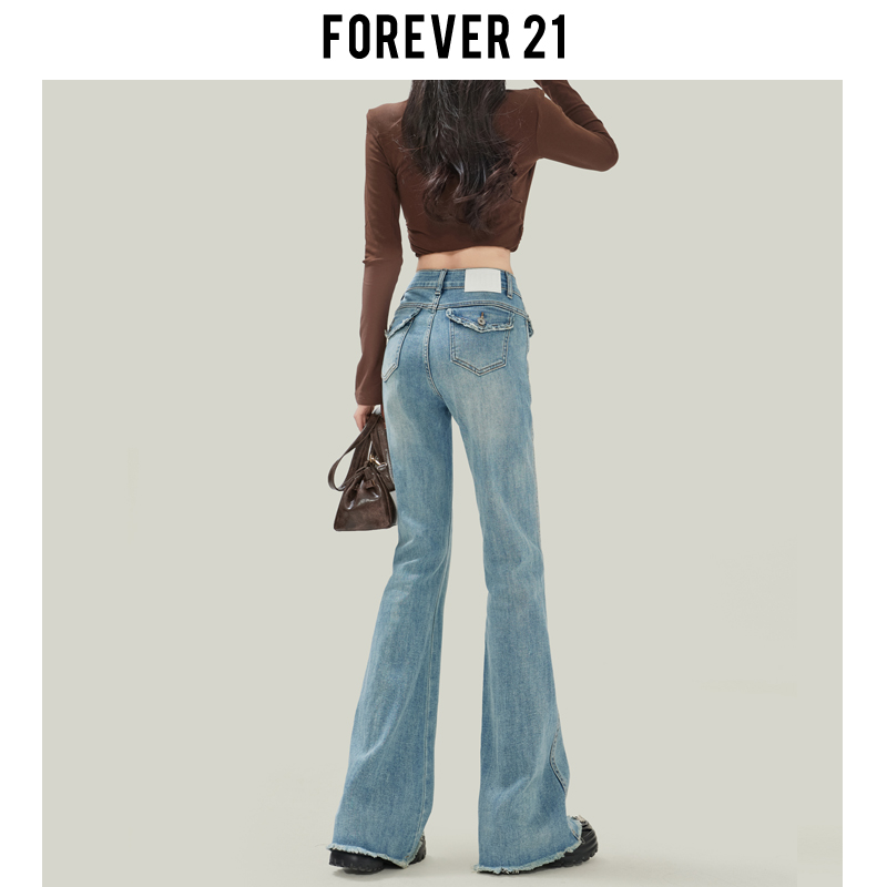 Forever 21浅蓝色高腰微喇叭牛仔裤女春款美式修身毛边马蹄拖地裤