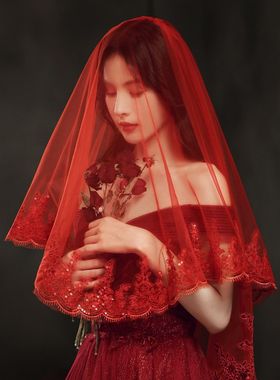 新品红色头纱新娘主婚纱长款秀禾服红盖头M结婚短款蕾丝中式复古