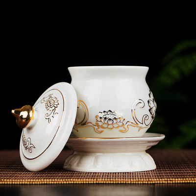 新品佛堂供具浮雕彩绘果盘供奉白色浮雕水杯碗浮T雕莲花香炉观音