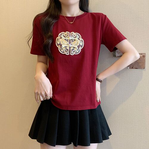 新品大码女d装新中式国风刺绣短袖T恤女2024夏季新款胖mm遮肚上衣