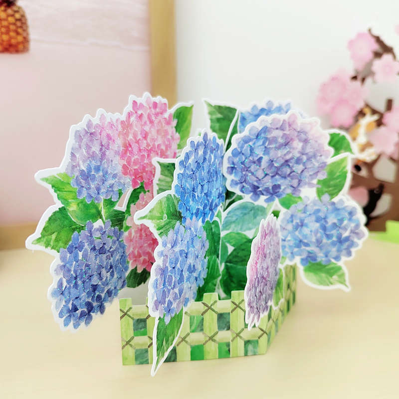 日式感谢老师生日祝福绣球花卡片创意谷美摆设紫阳花竹篮立体贺