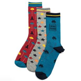 舒适有机棉电玩游戏飞碟UFO外星人火箭无骨对目中筒男袜3色THO359