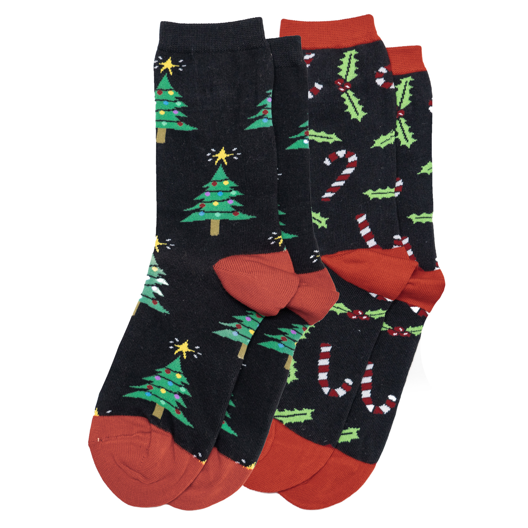 女士舒适棉质点亮圣诞树北美冬青拐杖糖Christmas中筒女袜OO