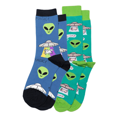男女舒适棉质Bacon Abduction飞碟UFO外星人绑架小猪独角兽袜OO
