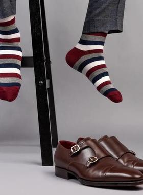 舒适棉质条纹图案中筒绅士男袜酒红+海军蓝+白色SPR