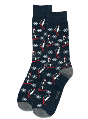 舒适棉质下雪天戴圣诞帽的企鹅滑雪圣诞节日氛围中筒男袜RW135